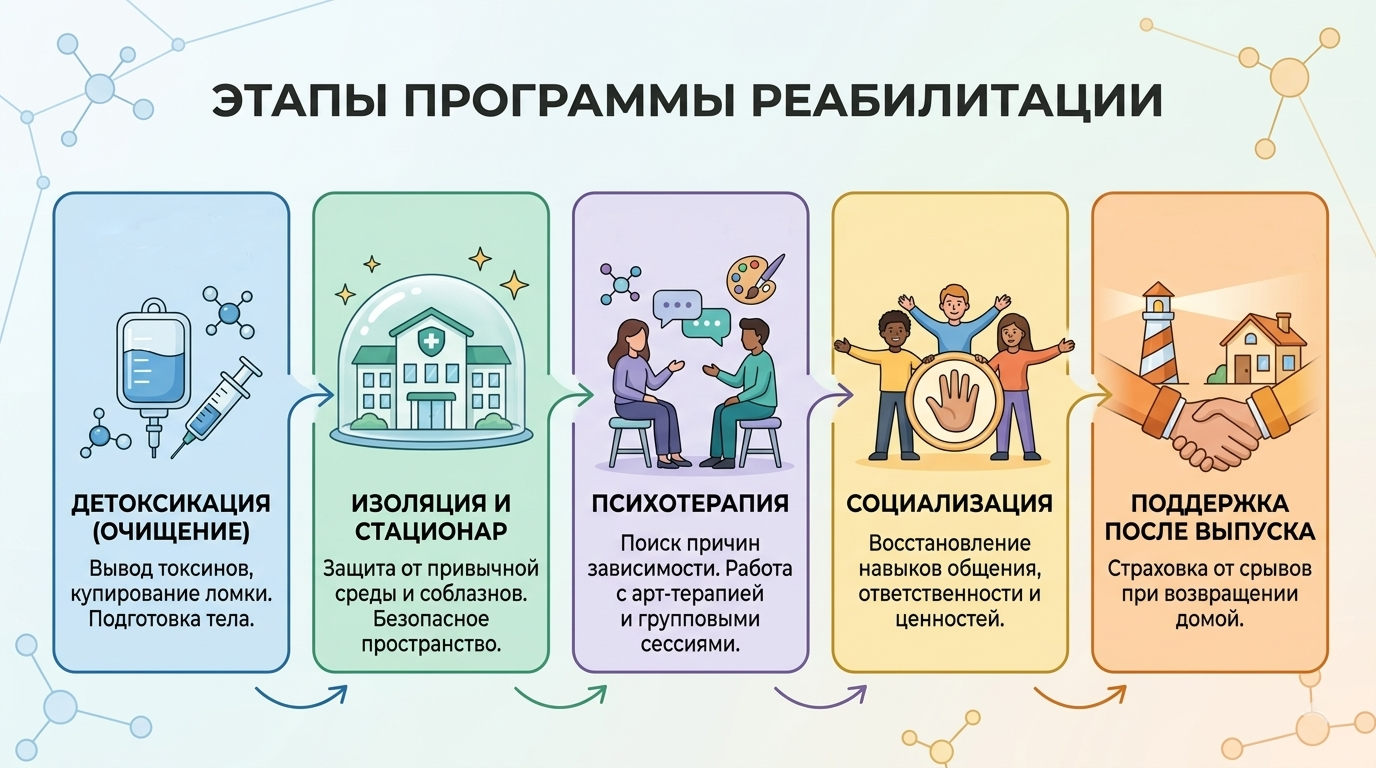Инфографика пяти этапов реабилитации наркозависимых: детоксикация, стационар, психотерапия, социализация и поддержка.